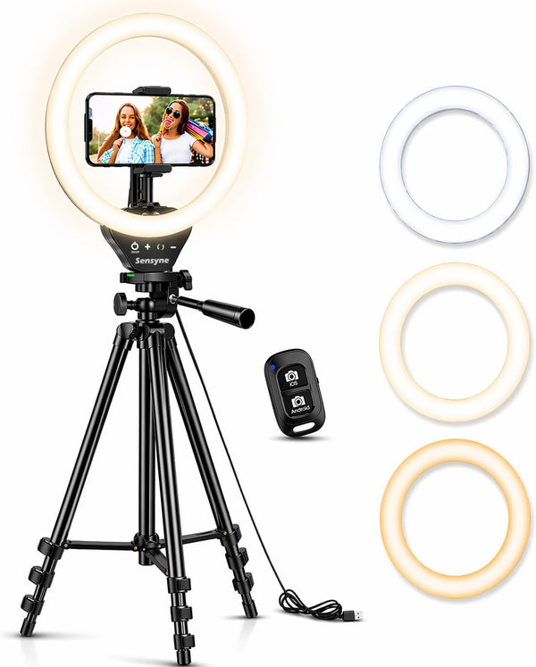 Ring Light with Stand, 50" Phone Tripod for Iphone & Android, LED Ring Light with Remote, 3 Color Modes & 10 Brightness Levels for Tiktok, Zoom & Video Recording