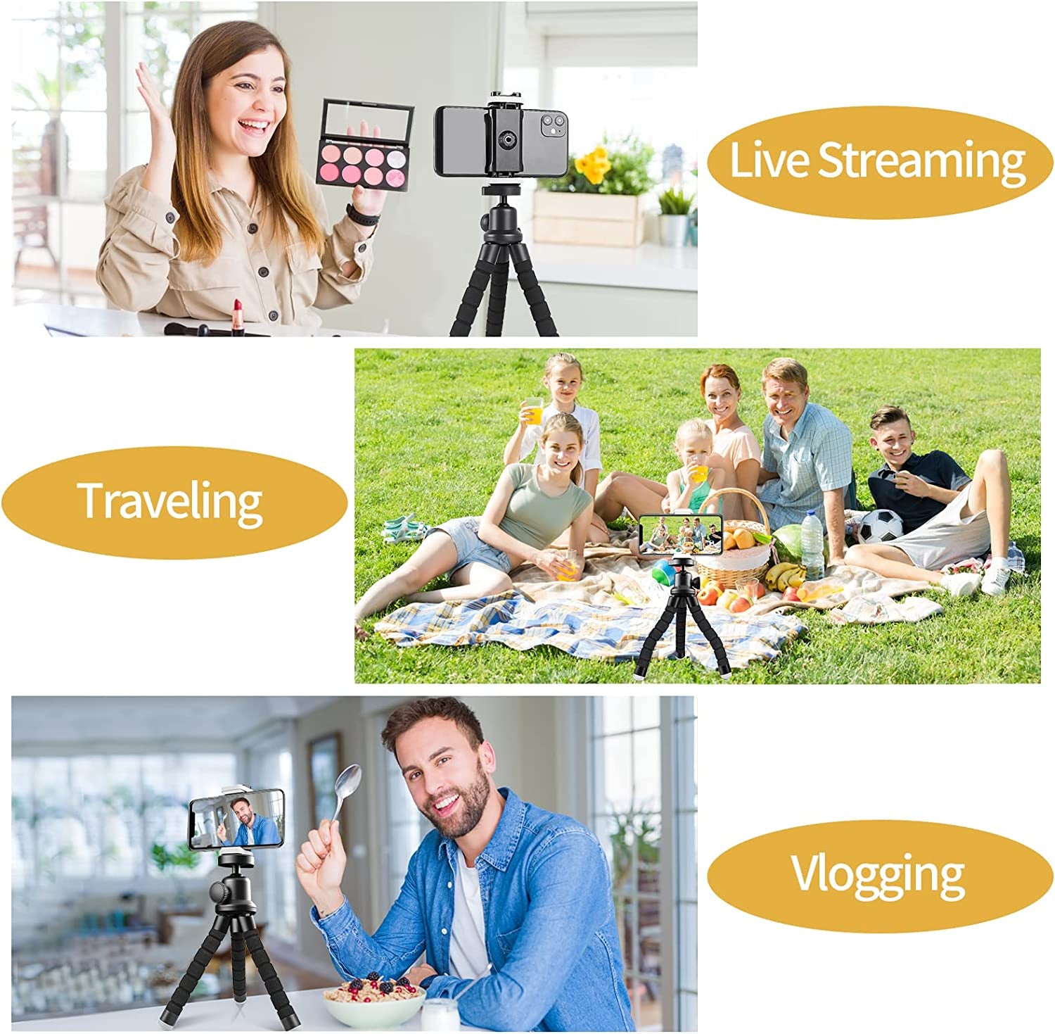 Phone Tripod, Flexible Cell Phone Tripod with Phone Holder and Wireless Remote, Mini Travel Tripod Stand, Compatible with All Cell Phones, Cameras