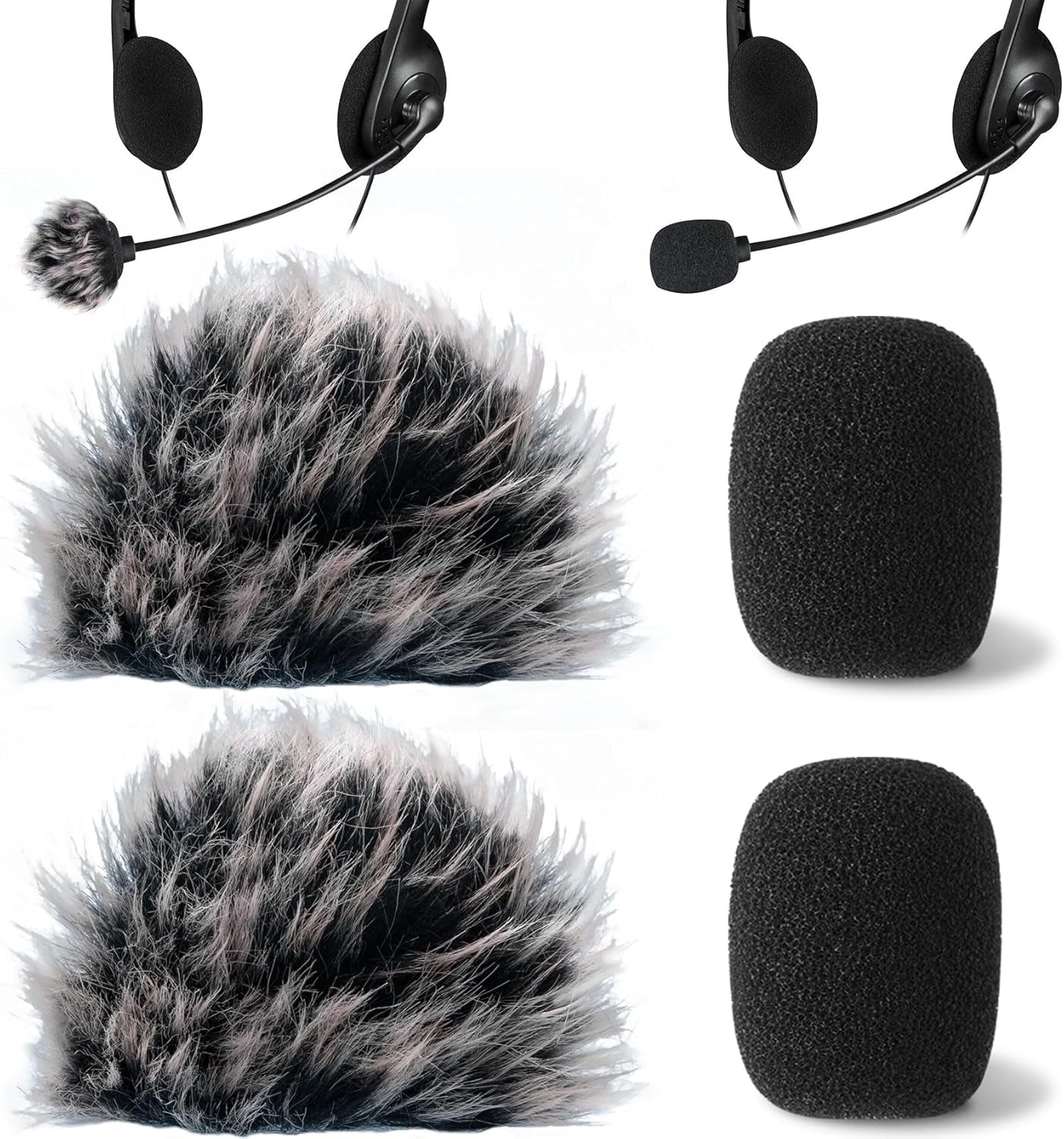 4 Pcs Mini Foam Microphone Windscreens & Furry Cover, High Density Mic Headset Cover, Lapel Microphone Windscreen for Lavalier Microphones Noise Reduction (2Pcs Foam + 2Pcs Furry)
