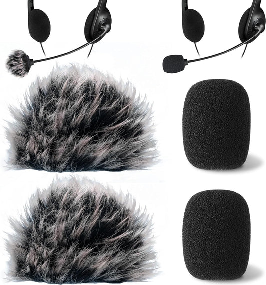4 Pcs Mini Foam Microphone Windscreens & Furry Cover, High Density Mic Headset Cover, Lapel Microphone Windscreen for Lavalier Microphones Noise Reduction (2Pcs Foam + 2Pcs Furry)
