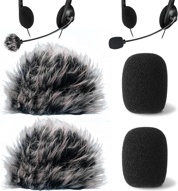 4 Pcs Mini Foam Microphone Windscreens & Furry Cover, High Density Mic Headset Cover, Lapel Microphone Windscreen for Lavalier Microphones Noise Reduction (2Pcs Foam + 2Pcs Furry)