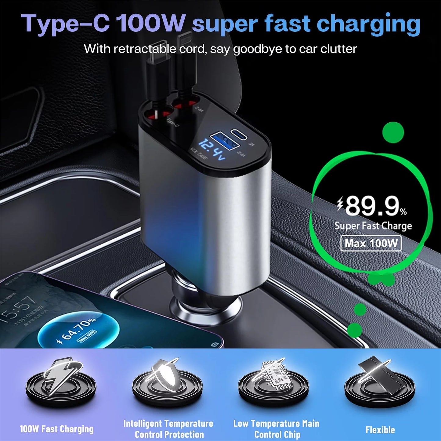 Cargador De Auto Retráctil 4 En 1, 120W