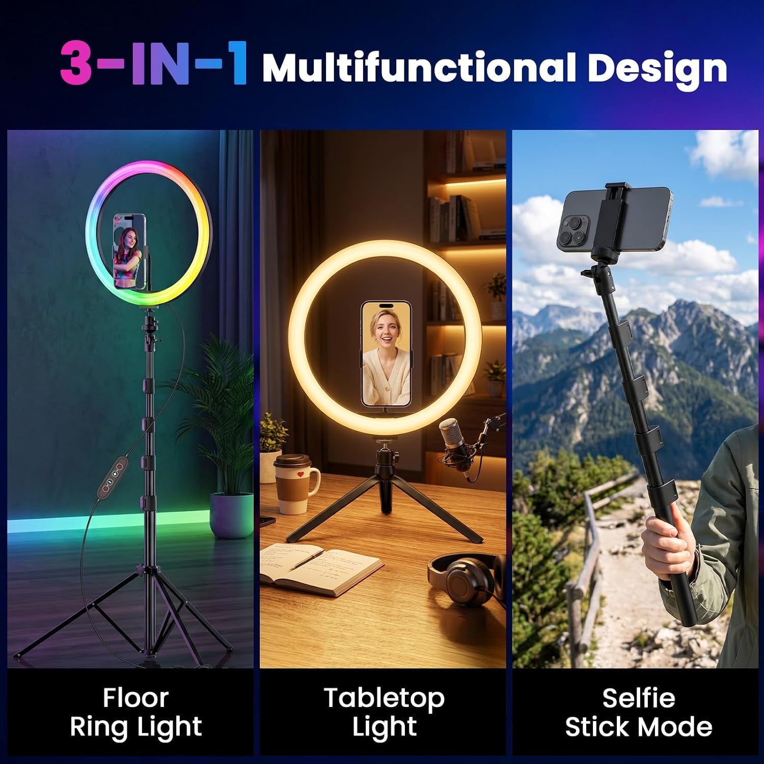 12" Selfie Ring Light with 73" Extendable Tripod Stand and Phone Holder, 38 Color Modes Dimmable RGB Ring Light, 3-In-1 Desk & Floor Use for Iphone, Makeup, Tiktok, Youtube, Live Streaming