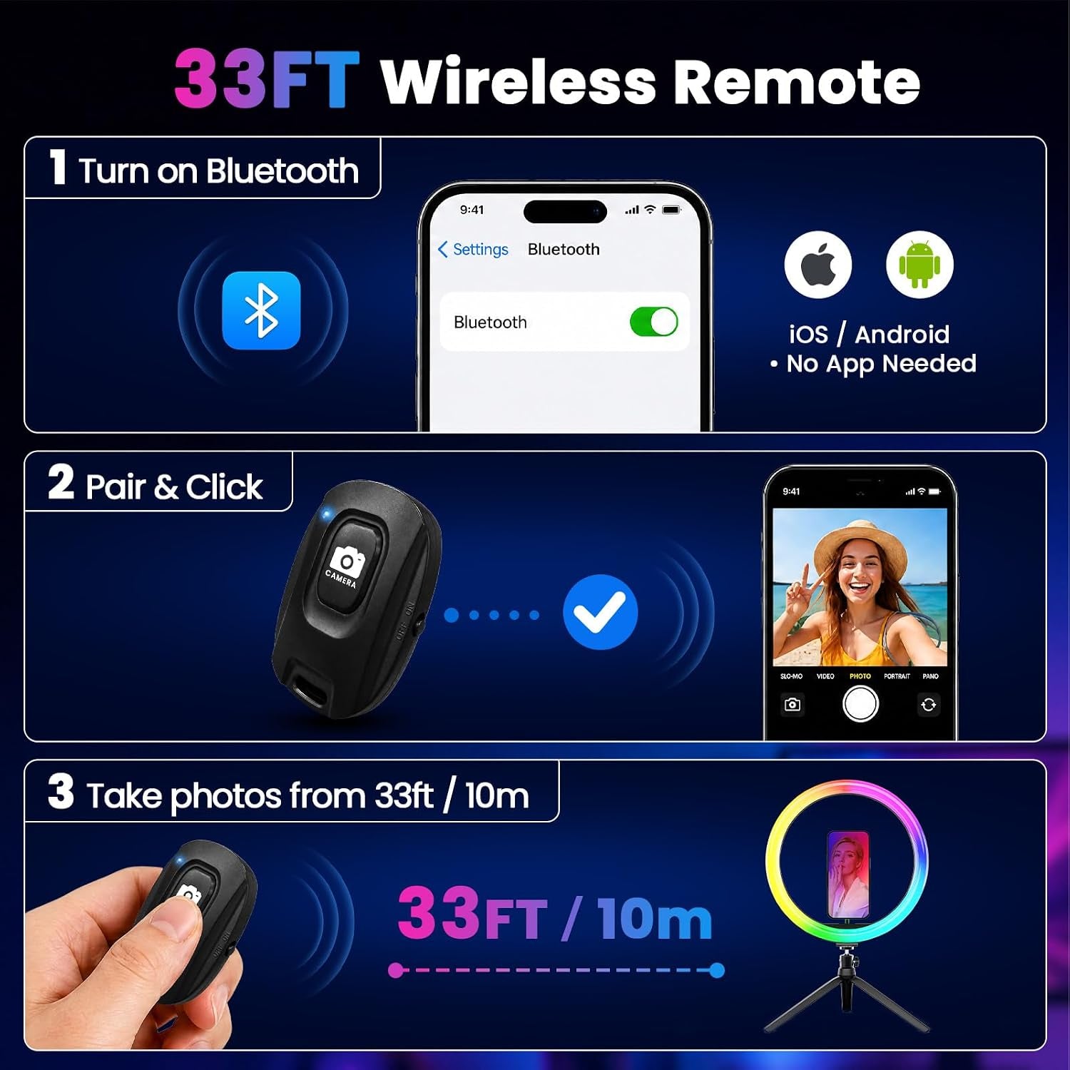 12" Selfie Ring Light with 73" Extendable Tripod Stand and Phone Holder, 38 Color Modes Dimmable RGB Ring Light, 3-In-1 Desk & Floor Use for Iphone, Makeup, Tiktok, Youtube, Live Streaming