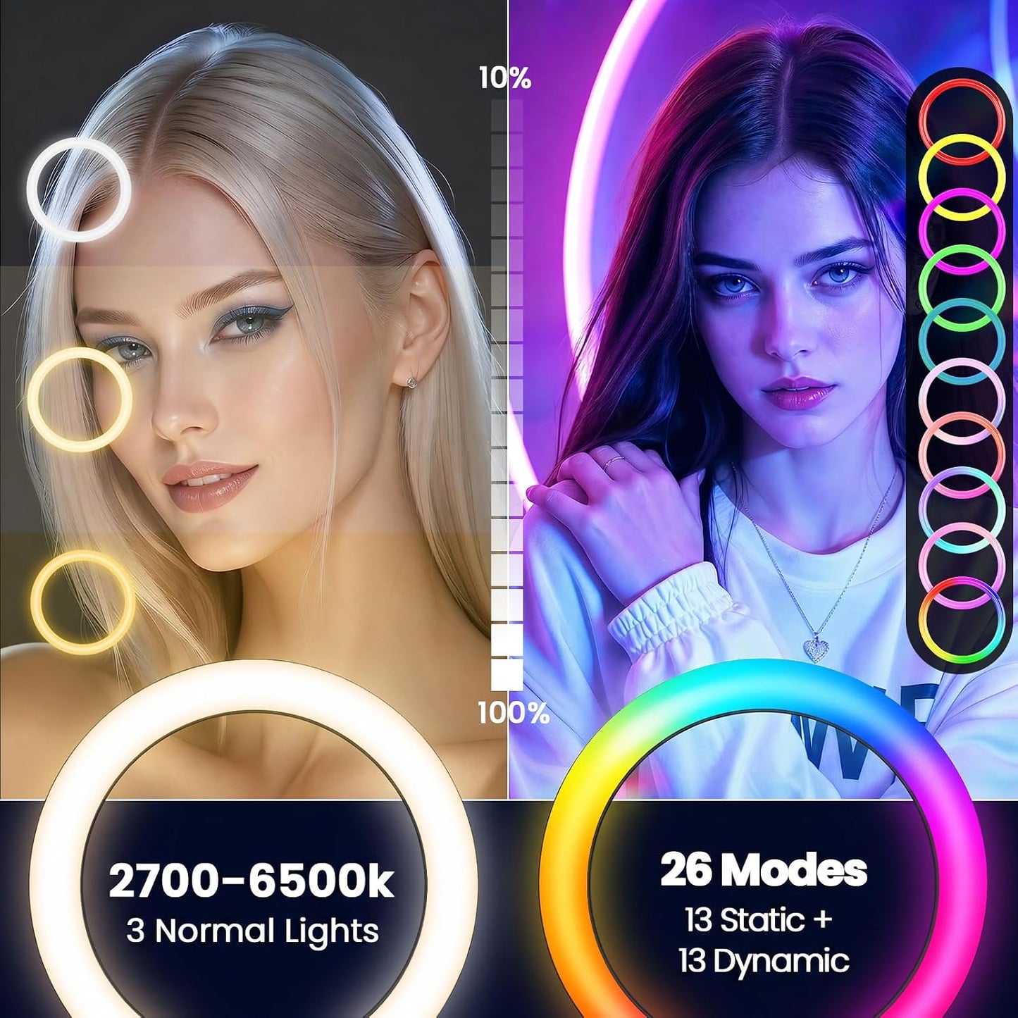 12" Selfie Ring Light with 73" Extendable Tripod Stand and Phone Holder, 38 Color Modes Dimmable RGB Ring Light, 3-In-1 Desk & Floor Use for Iphone, Makeup, Tiktok, Youtube, Live Streaming