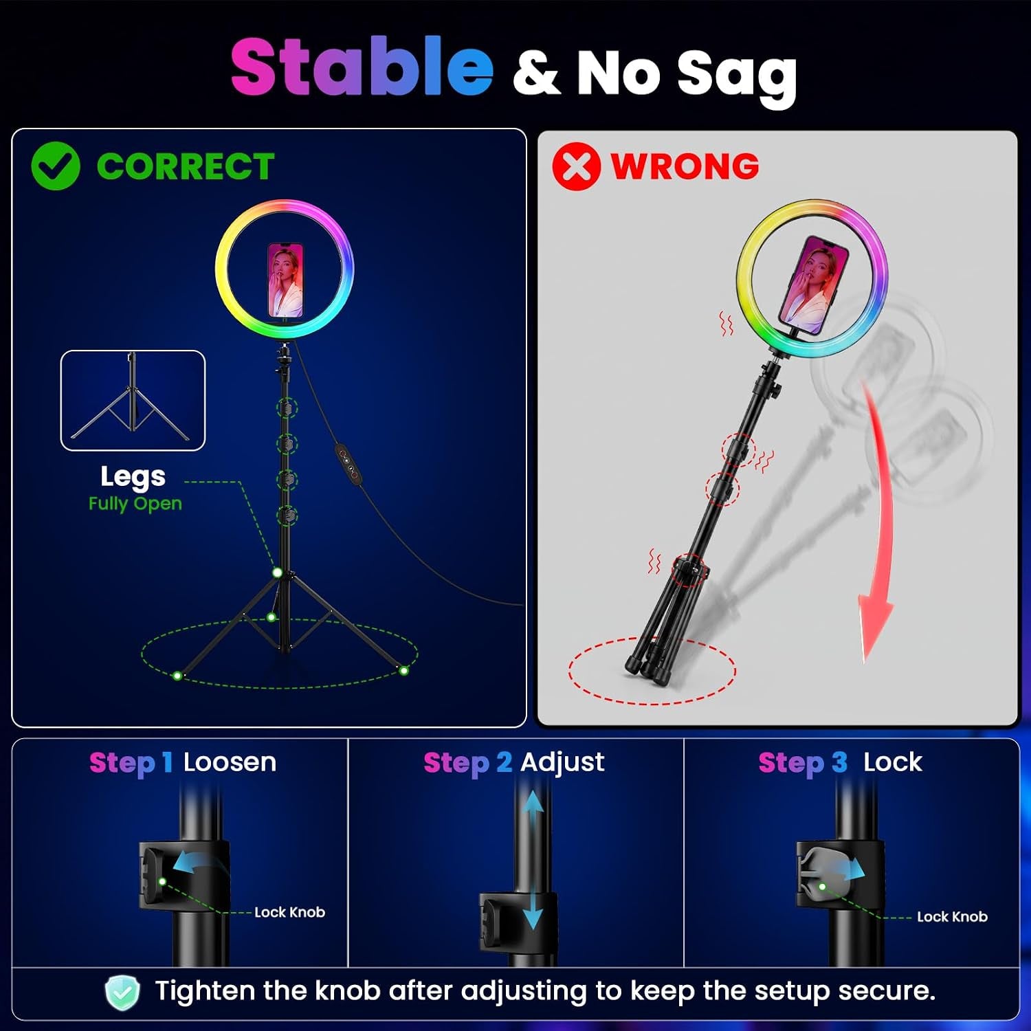 12" Selfie Ring Light with 73" Extendable Tripod Stand and Phone Holder, 38 Color Modes Dimmable RGB Ring Light, 3-In-1 Desk & Floor Use for Iphone, Makeup, Tiktok, Youtube, Live Streaming