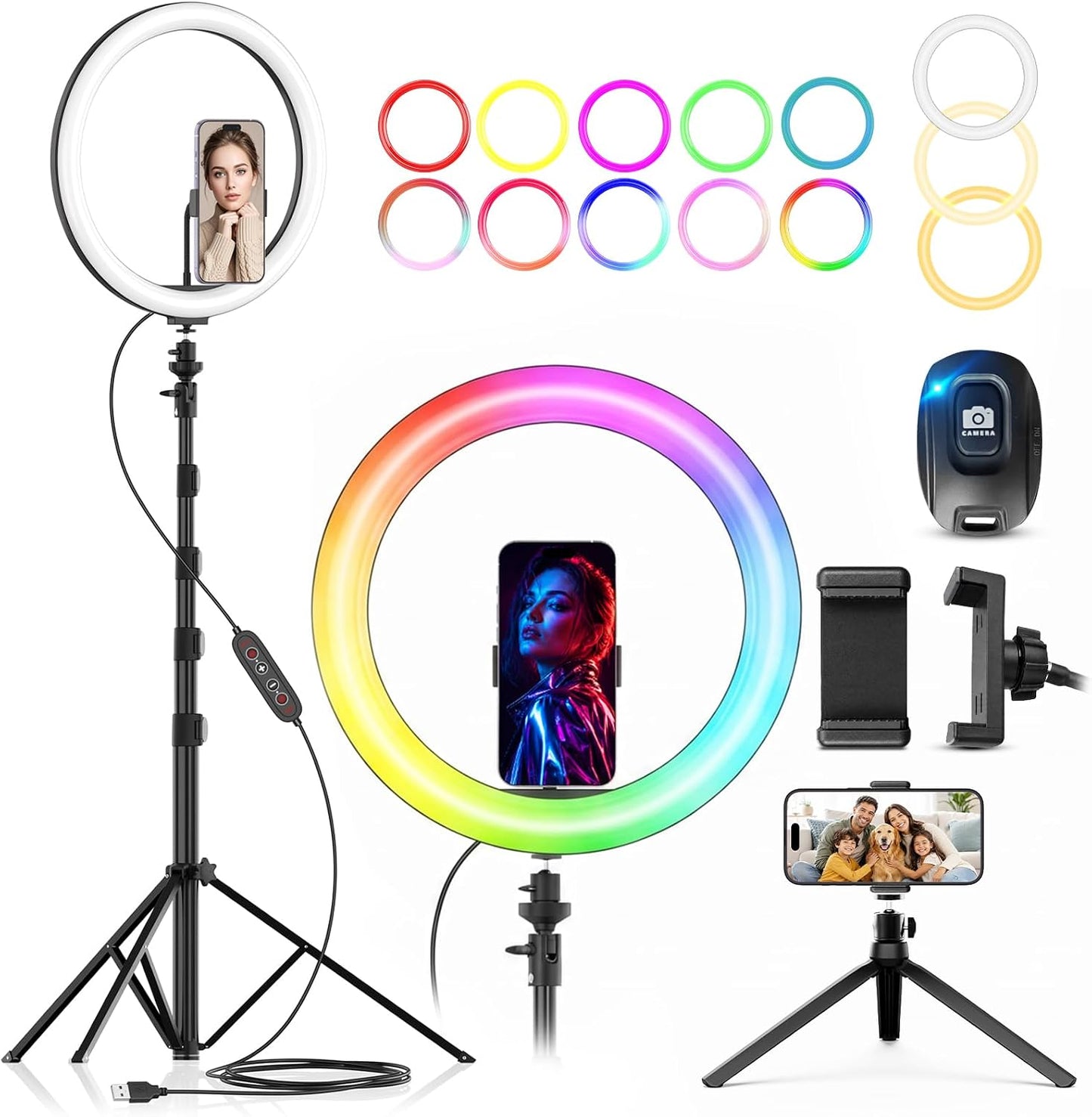 12" Selfie Ring Light with 73" Extendable Tripod Stand and Phone Holder, 38 Color Modes Dimmable RGB Ring Light, 3-In-1 Desk & Floor Use for Iphone, Makeup, Tiktok, Youtube, Live Streaming