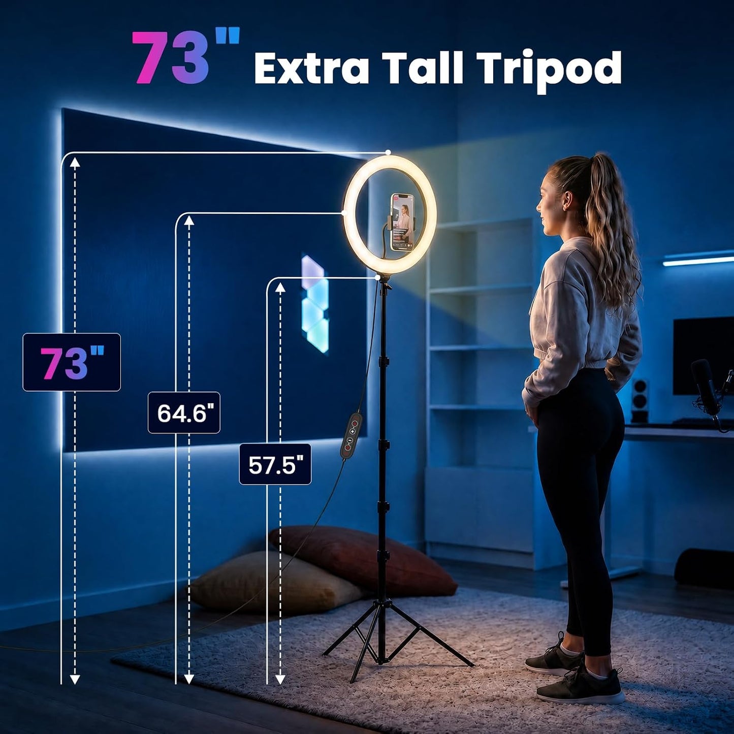 12" Selfie Ring Light with 73" Extendable Tripod Stand and Phone Holder, 38 Color Modes Dimmable RGB Ring Light, 3-In-1 Desk & Floor Use for Iphone, Makeup, Tiktok, Youtube, Live Streaming